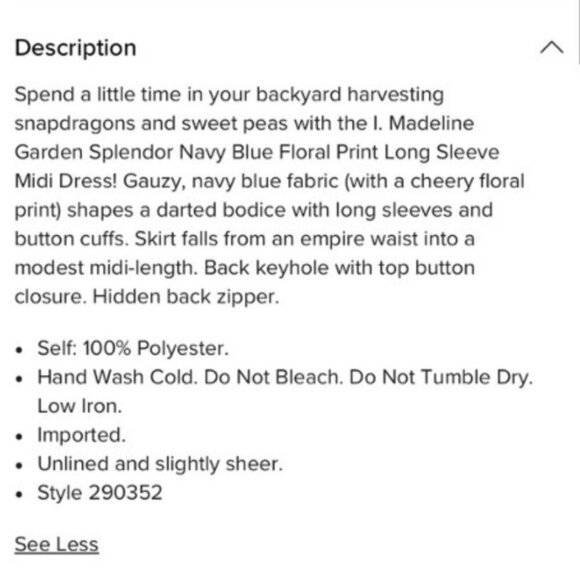 I.Madeline Garden Splendor Navy Blue Flora | Long Sleeve Midi Dress Sz: Small - Picture 8 of 16